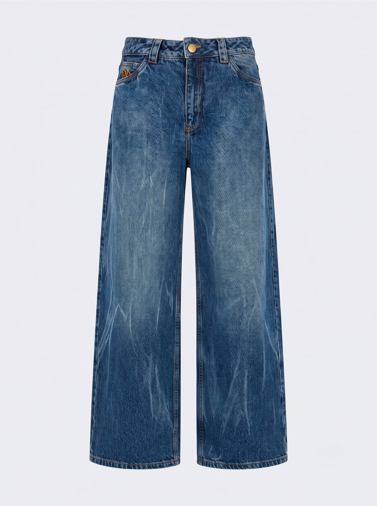 Jean índigo medio wide leg Indicum de DAVD en imagen de producto, silueta amplia en denim índigo medio.