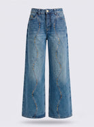 Detalle posterior del jean azul medio wide leg Azurite de DAVD, bolsillos traseros y acabado en denim azul medio.