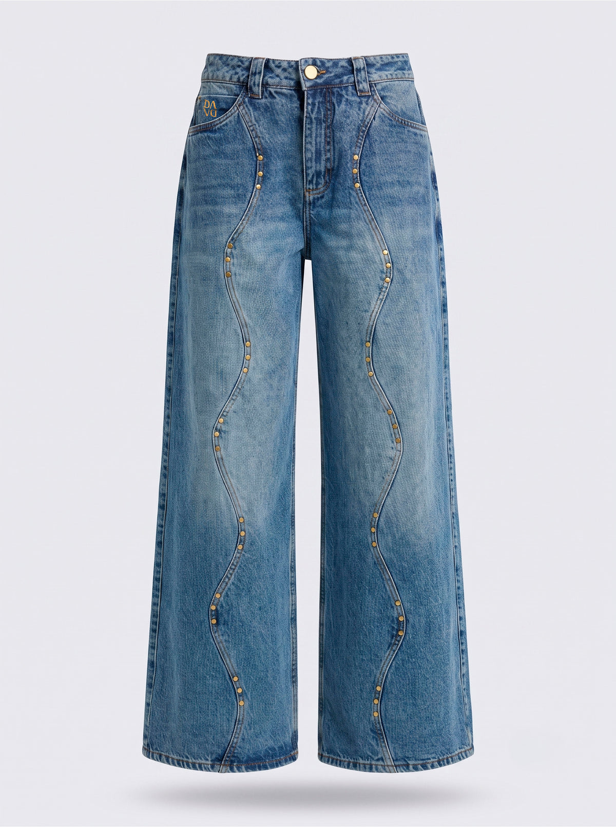Detalle posterior del jean azul medio wide leg Azurite de DAVD, bolsillos traseros y acabado en denim azul medio.
