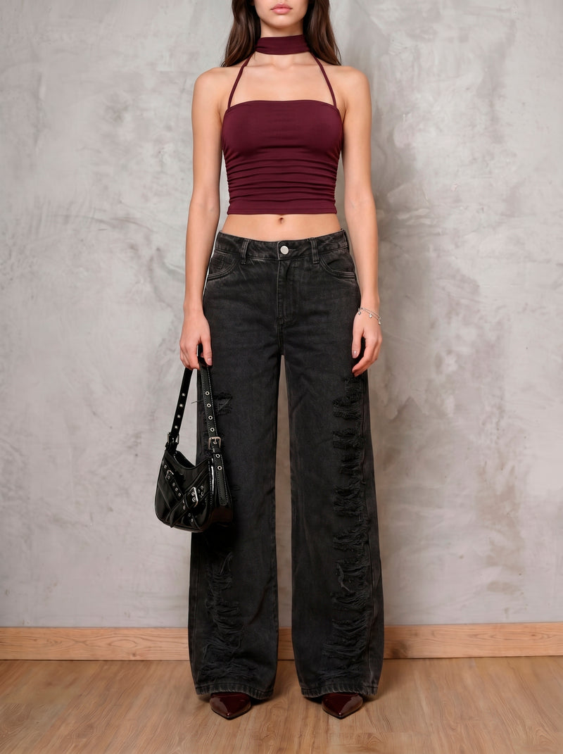 Jean negro wide leg Obsidian de DAVD en vista frontal, silueta amplia para mujer en denim negro.